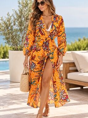 Tabitha Brown Orange Floral Maxi Swim Cover Up Robe Size S